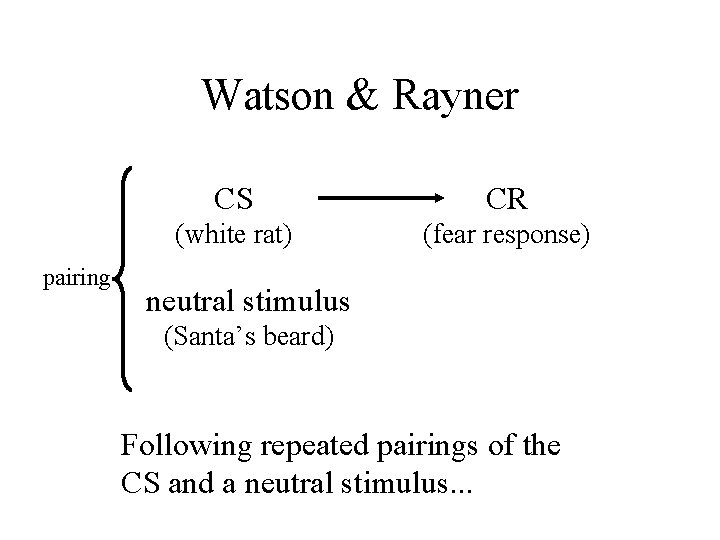 Watson & Rayner pairing CS CR (white rat) (fear response) neutral stimulus (Santa’s beard)