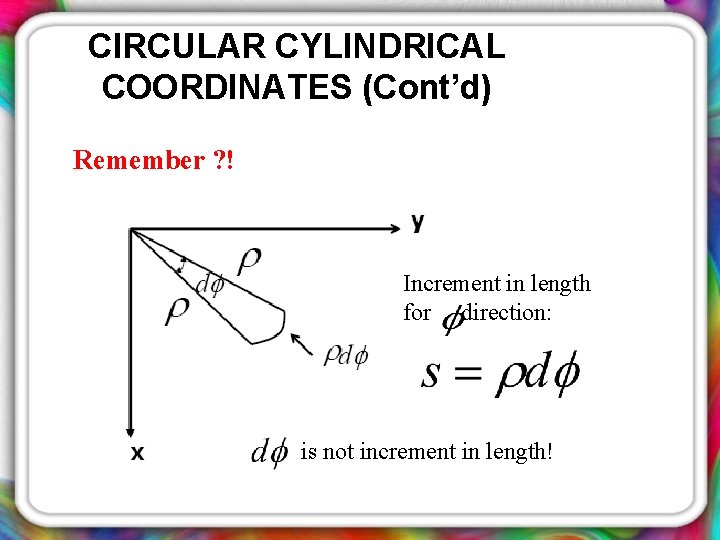 CIRCULAR CYLINDRICAL COORDINATES (Cont’d) Remember ? ! Increment in length for direction: is not