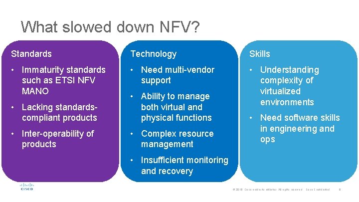 What slowed down NFV? Standards Technology Skills • Immaturity standards such as ETSI NFV