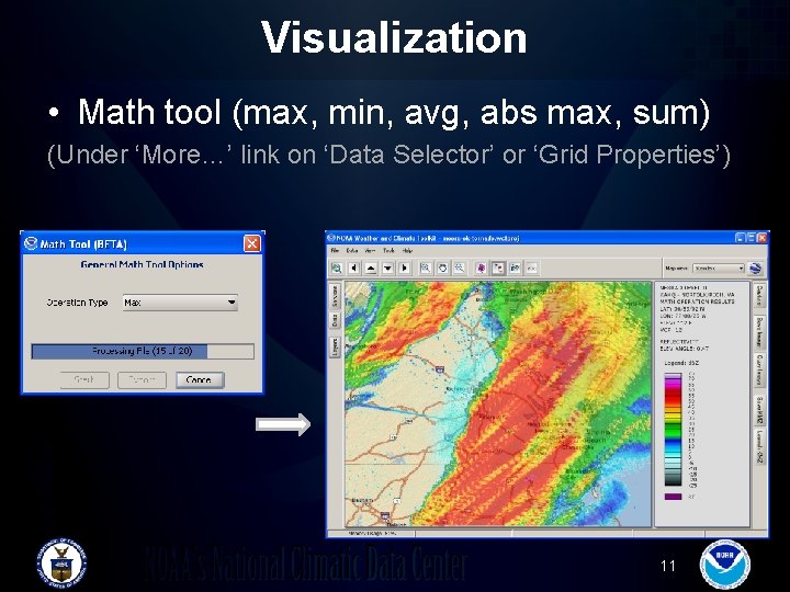 Visualization • Math tool (max, min, avg, abs max, sum) (Under ‘More…’ link on