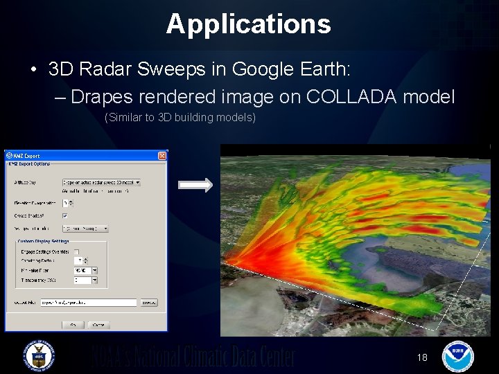 Applications • 3 D Radar Sweeps in Google Earth: – Drapes rendered image on Applications • 3 D Radar Sweeps in Google Earth: – Drapes rendered image on