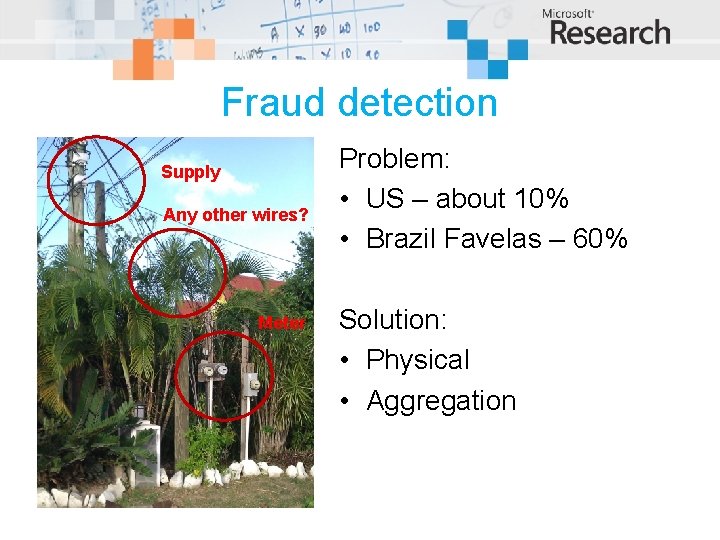 Fraud detection Supply Any other wires? Meter Problem: • US – about 10% •