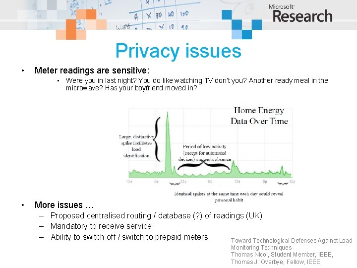 Privacy issues • Meter readings are sensitive: • Were you in last night? You