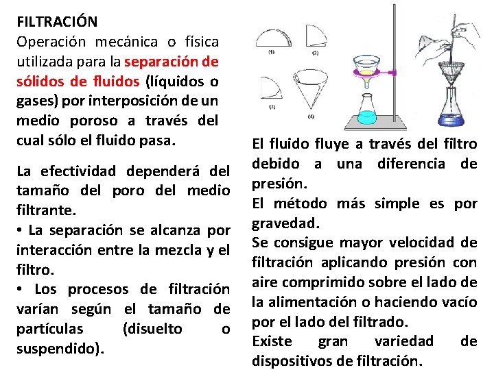 FILTRACIÓN Operación mecánica o física utilizada para la separación de sólidos de fluidos (líquidos