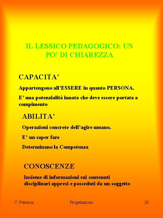 IL LESSICO PEDAGOGICO: UN PO’ DI CHIAREZZA CAPACITA’ Appartengono all’ESSERE in quanto PERSONA. E’