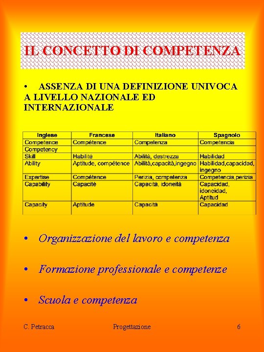 IL CONCETTO DI COMPETENZA • ASSENZA DI UNA DEFINIZIONE UNIVOCA A LIVELLO NAZIONALE ED