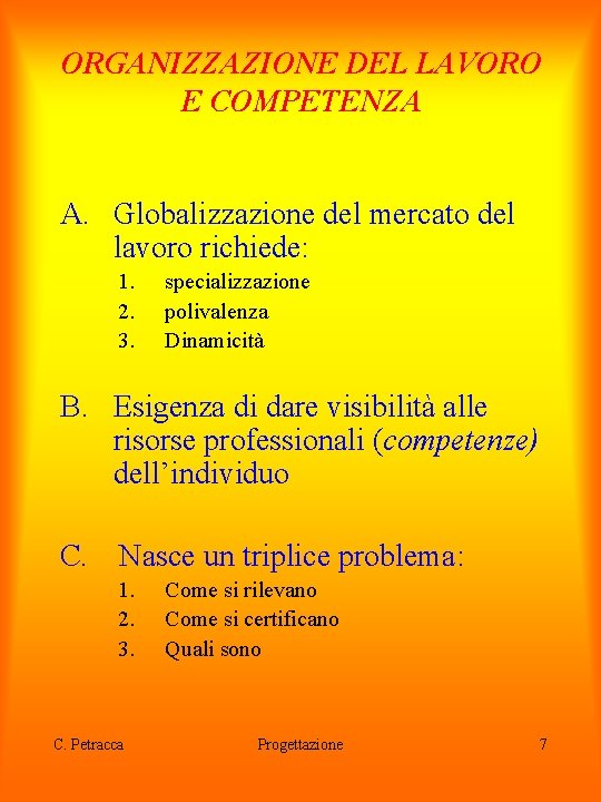 ORGANIZZAZIONE DEL LAVORO E COMPETENZA A. Globalizzazione del mercato del lavoro richiede: 1. 2.