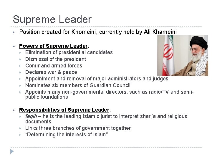Supreme Leader ▶ Position created for Khomeini, currently held by Ali Khameini ▶ Powers