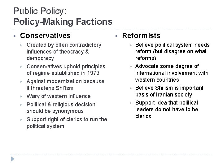 Public Policy: Policy-Making Factions ▶ Conservatives ▶ ▶ ▶ Created by often contradictory influences