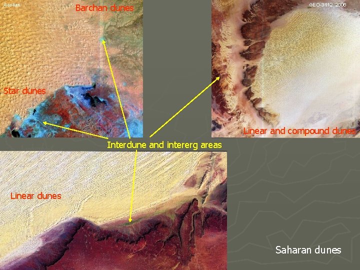 Aeolian Barchan dunes GEO-3112 2006 Star dunes Linear and compound dunes Interdune and intererg