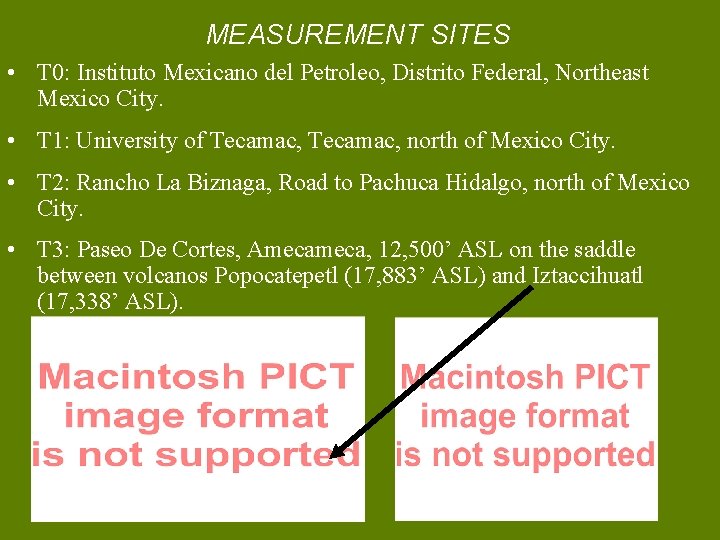 MEASUREMENT SITES • T 0: Instituto Mexicano del Petroleo, Distrito Federal, Northeast Mexico City.