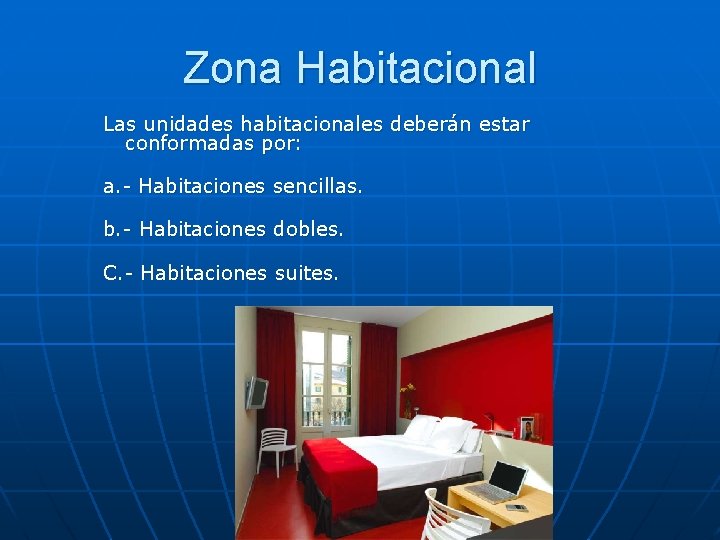 Zona Habitacional Las unidades habitacionales deberán estar conformadas por: a. - Habitaciones sencillas. b.