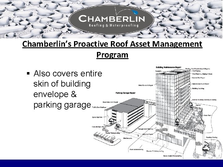 Chamberlin’s Proactive Roof Asset Management Program § Also covers entire skin of building envelope Chamberlin’s Proactive Roof Asset Management Program § Also covers entire skin of building envelope