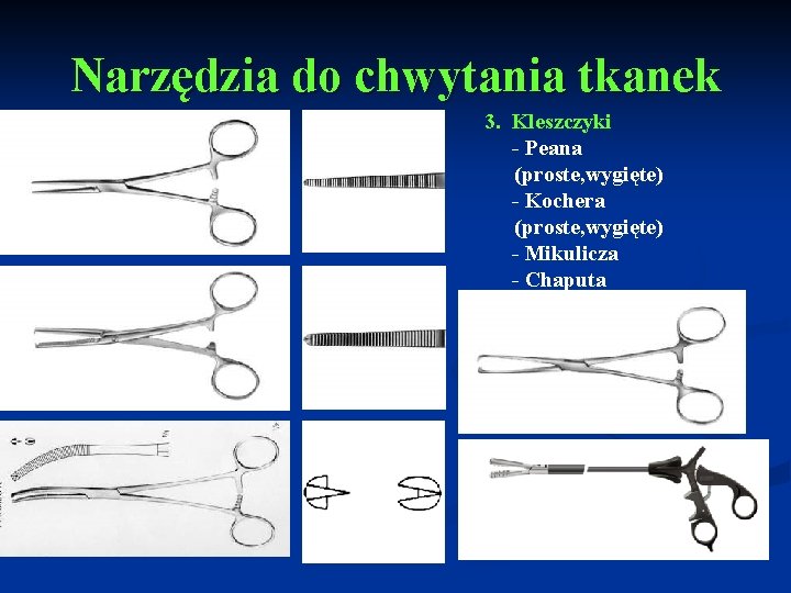Narzędzia do chwytania tkanek 3. Kleszczyki - Peana (proste, wygięte) - Kochera (proste, wygięte)