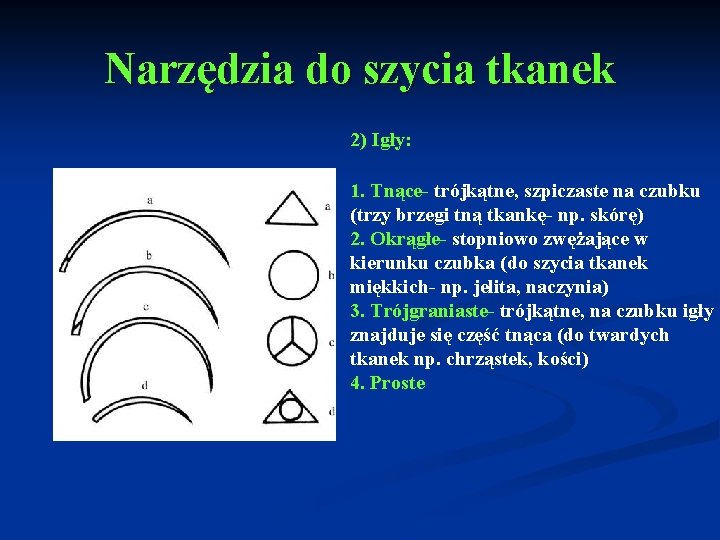 Narzędzia do szycia tkanek 2) Igły: 1. Tnące- trójkątne, szpiczaste na czubku (trzy brzegi