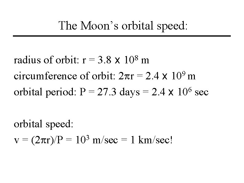The Moon’s orbital speed: radius of orbit: r = 3. 8 x 108 m