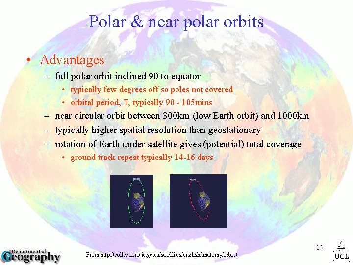 Polar & near polar orbits • Advantages – full polar orbit inclined 90 to