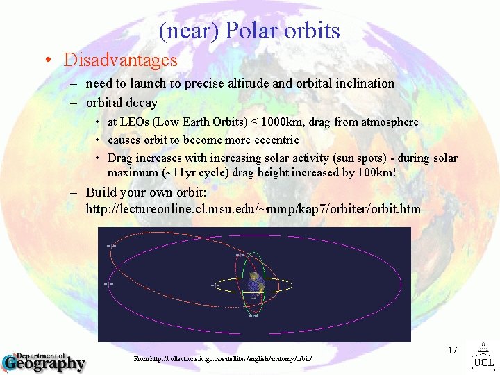 (near) Polar orbits • Disadvantages – need to launch to precise altitude and orbital