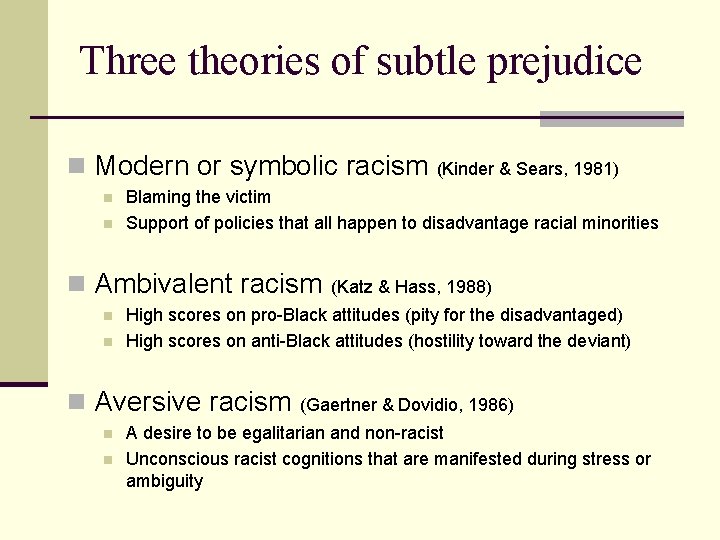 Three theories of subtle prejudice n Modern or symbolic racism n n Blaming the