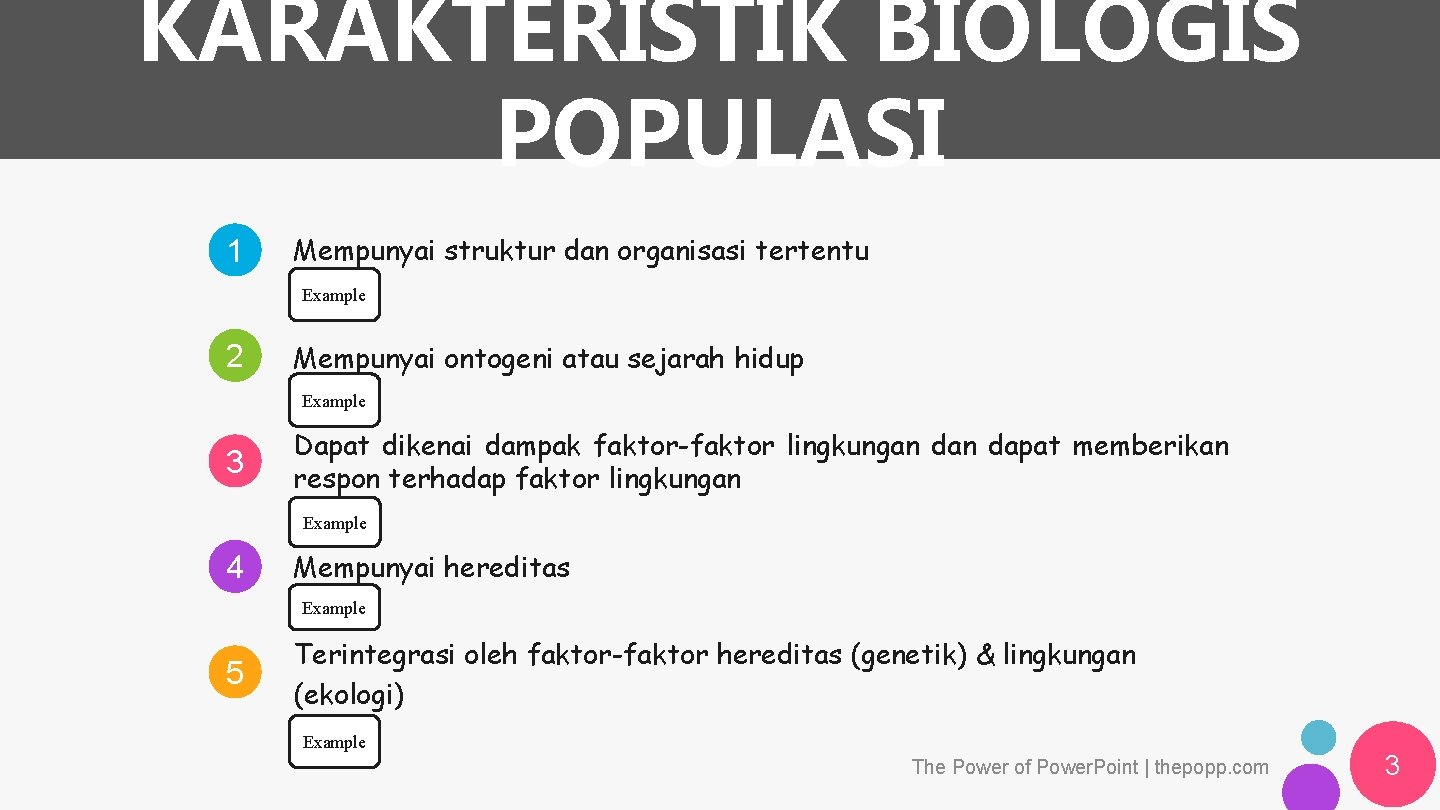 KARAKTERISTIK BIOLOGIS POPULASI 1 Mempunyai struktur dan organisasi tertentu Example 2 Mempunyai ontogeni atau