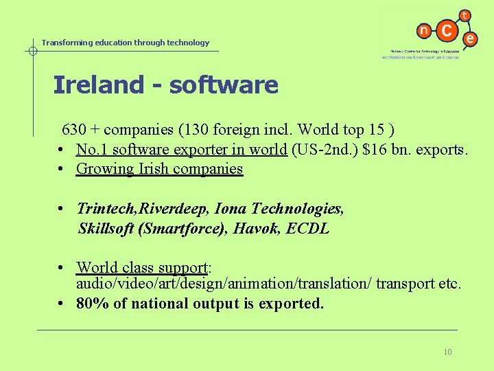 Transforming education through technology Ireland - software 630 + companies (130 foreign incl. World