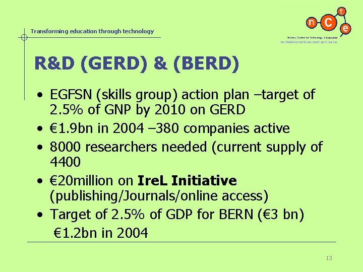 Transforming education through technology R&D (GERD) & (BERD) • EGFSN (skills group) action plan