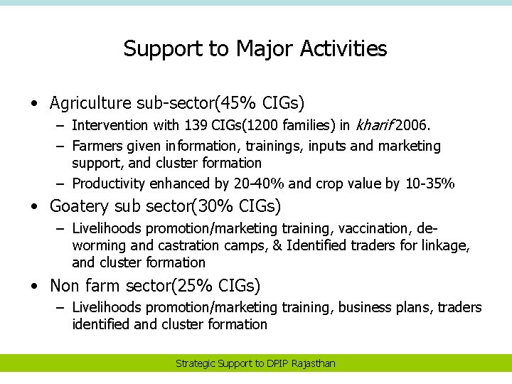 Support to Major Activities • Agriculture sub-sector(45% CIGs) – Intervention with 139 CIGs(1200 families)