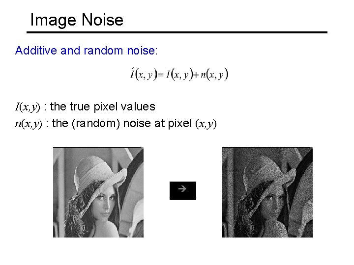 Image Noise Additive and random noise: I(x, y) : the true pixel values n(x,