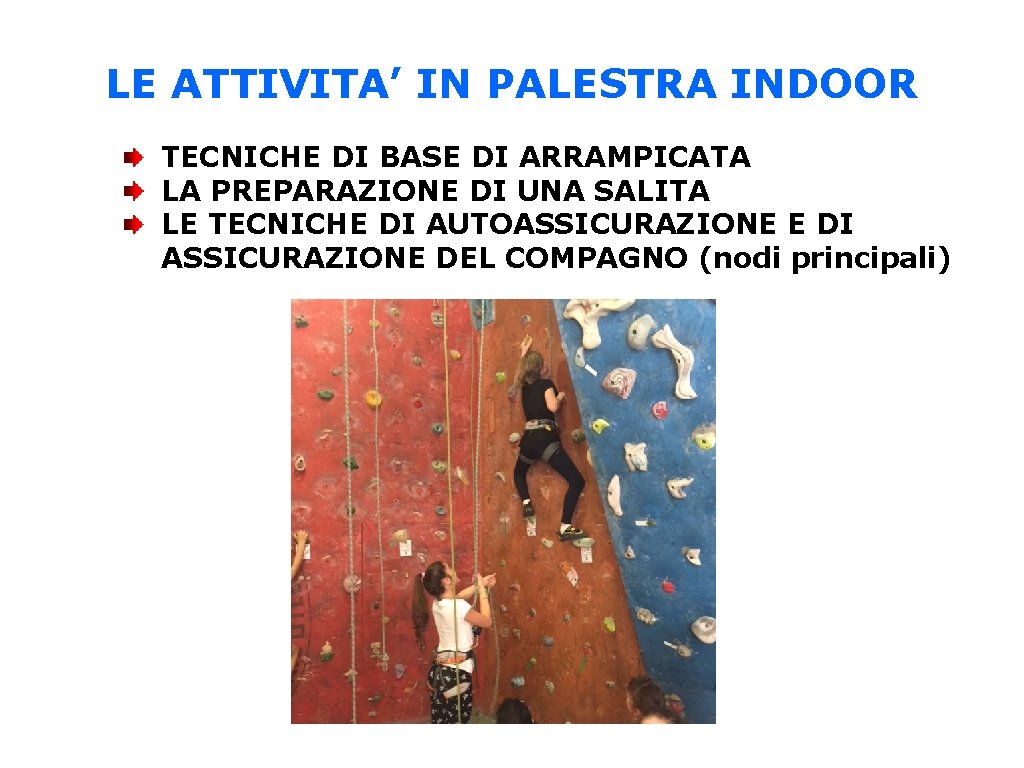 LE ATTIVITA’ IN PALESTRA INDOOR TECNICHE DI BASE DI ARRAMPICATA LA PREPARAZIONE DI UNA