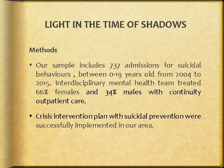 LIGHT IN THE TIME OF SHADOWS Methods Our sample includes 737 admissions for suicidal LIGHT IN THE TIME OF SHADOWS Methods Our sample includes 737 admissions for suicidal