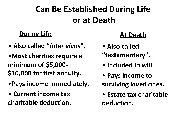 Can Be Established During Life or at Death During Life • Also called “inter