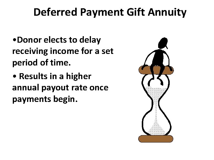 Deferred Payment Gift Annuity • Donor elects to delay receiving income for a set