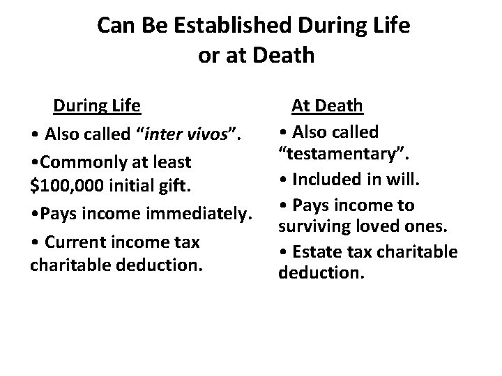 Can Be Established During Life or at Death During Life • Also called “inter