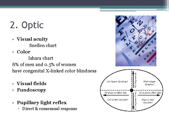 2. Optic • Visual acuity Snellen chart • Color Ishara chart 8% of men 2. Optic • Visual acuity Snellen chart • Color Ishara chart 8% of men