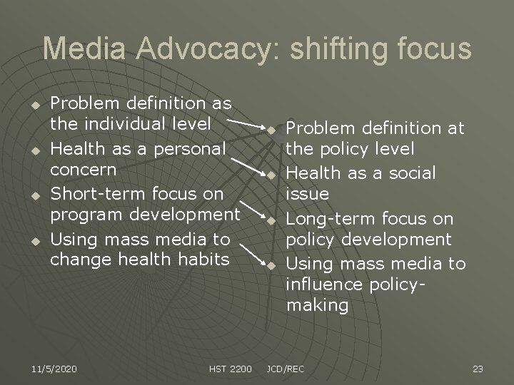 Media Advocacy: shifting focus u u Problem definition as the individual level Health as