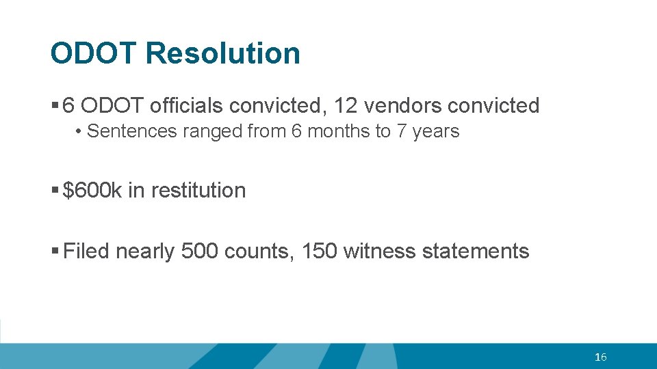 ODOT Resolution § 6 ODOT officials convicted, 12 vendors convicted • Sentences ranged from