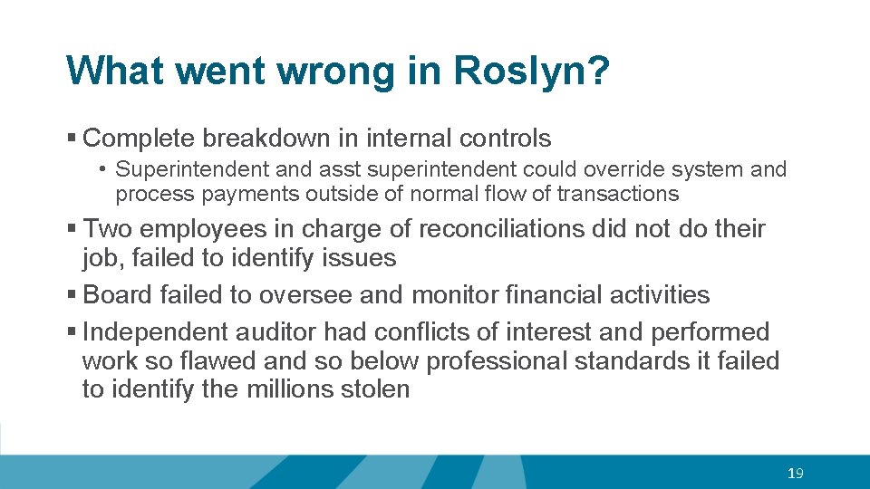 What went wrong in Roslyn? § Complete breakdown in internal controls • Superintendent and