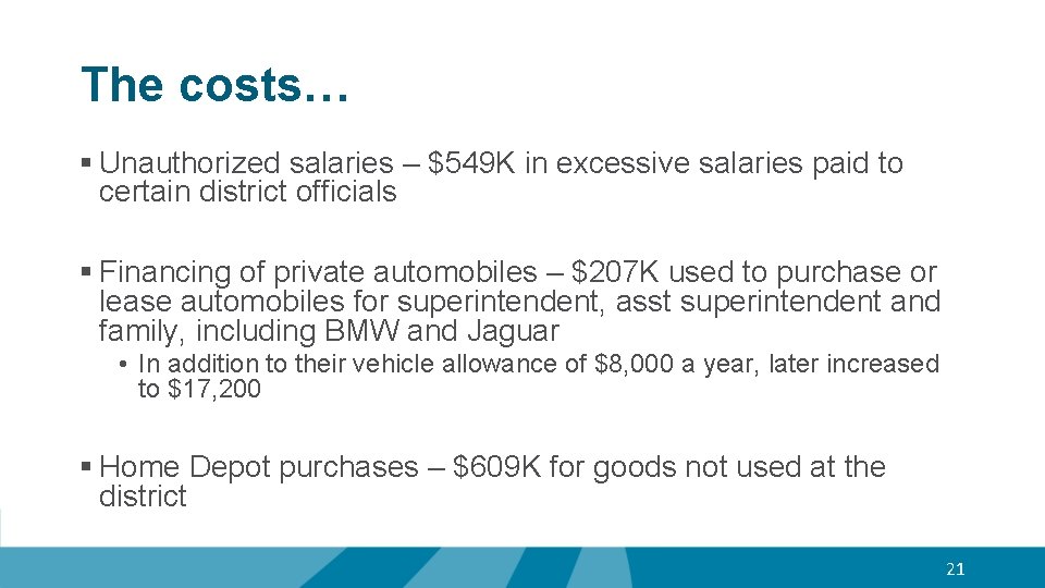 The costs… § Unauthorized salaries – $549 K in excessive salaries paid to certain