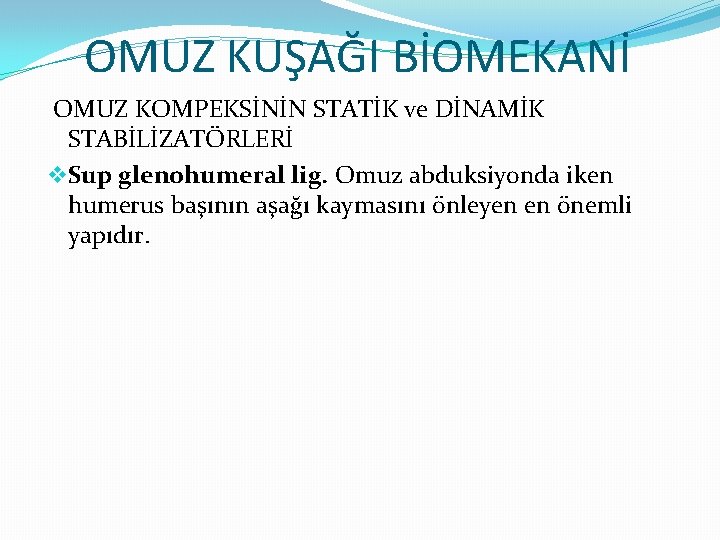 OMUZ KUŞAĞI BİOMEKANİ OMUZ KOMPEKSİNİN STATİK ve DİNAMİK STABİLİZATÖRLERİ v. Sup glenohumeral lig. Omuz