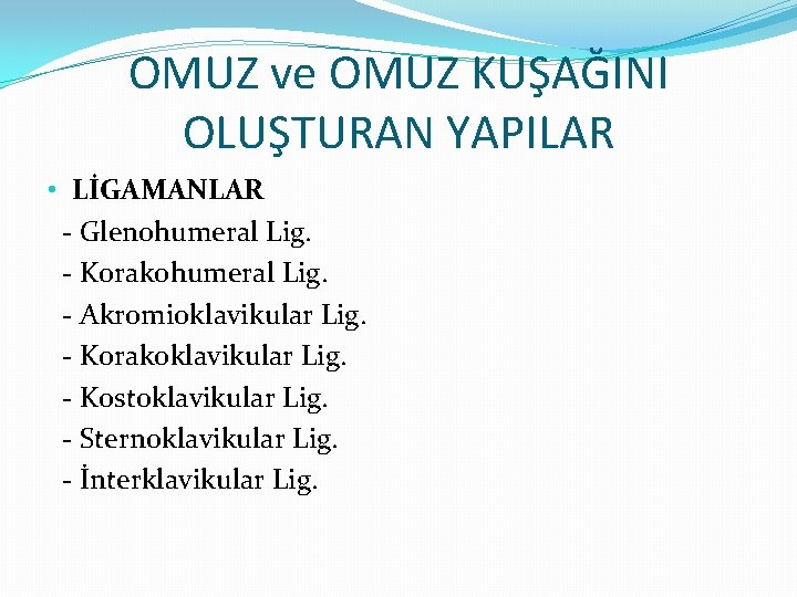 OMUZ ve OMUZ KUŞAĞINI OLUŞTURAN YAPILAR • LİGAMANLAR - Glenohumeral Lig. - Korakohumeral Lig.