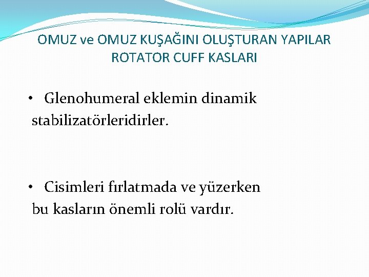 OMUZ ve OMUZ KUŞAĞINI OLUŞTURAN YAPILAR ROTATOR CUFF KASLARI • Glenohumeral eklemin dinamik stabilizatörleridirler.