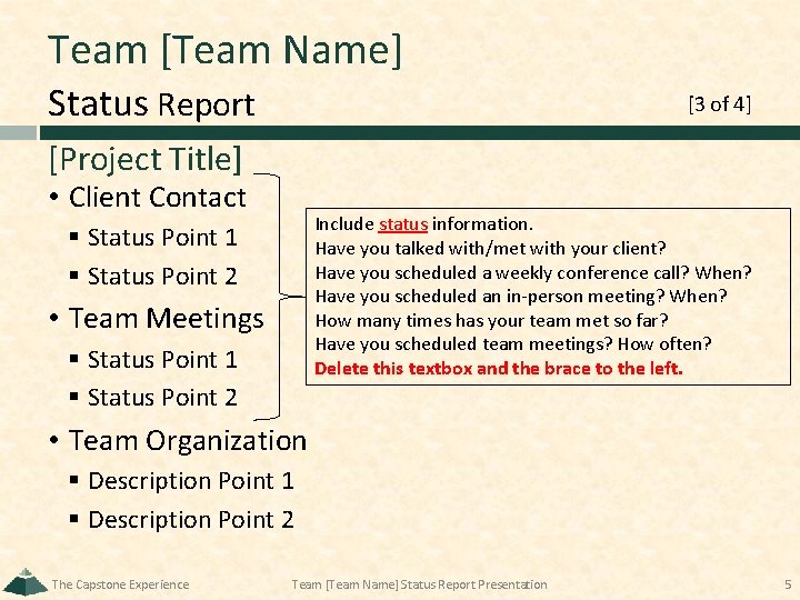 Team [Team Name] Status Report [3 of 4] [Project Title] • Client Contact Include