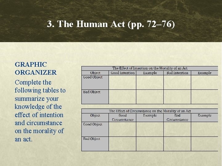 3. The Human Act (pp. 72– 76) GRAPHIC ORGANIZER Complete the following tables to