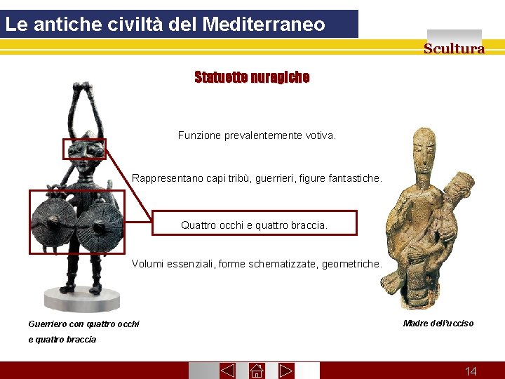 Le antiche civiltà del Mediterraneo Scultura Statuette nuragiche Funzione prevalentemente votiva. Rappresentano capi tribù,