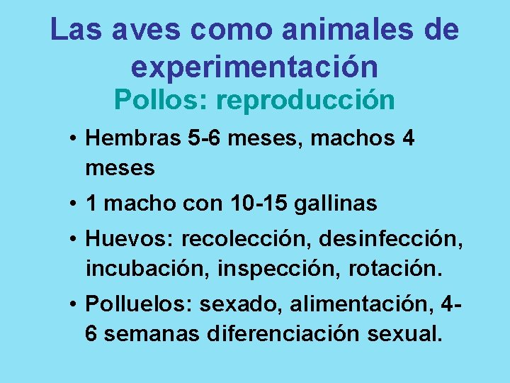 Las aves como animales de experimentación Pollos: reproducción • Hembras 5 -6 meses, machos