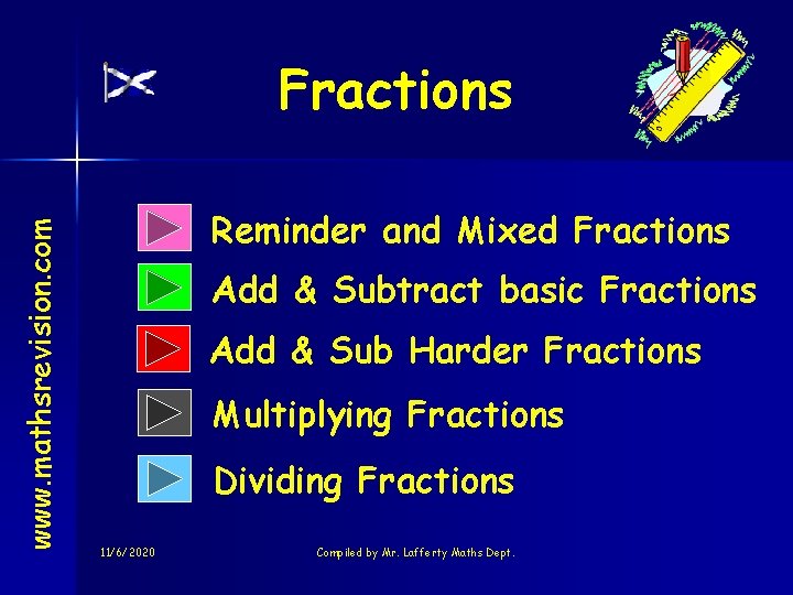 www. mathsrevision. com Fractions Reminder and Mixed Fractions Add & Subtract basic Fractions Add