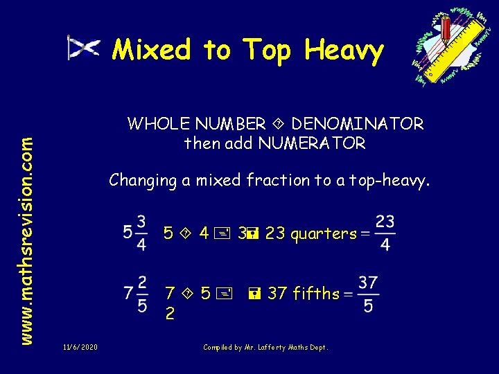 www. mathsrevision. com Mixed to Top Heavy WHOLE NUMBER DENOMINATOR then add NUMERATOR Changing