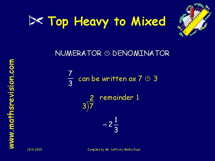 Top Heavy to Mixed www. mathsrevision. com NUMERATOR DENOMINATOR can be written as 7