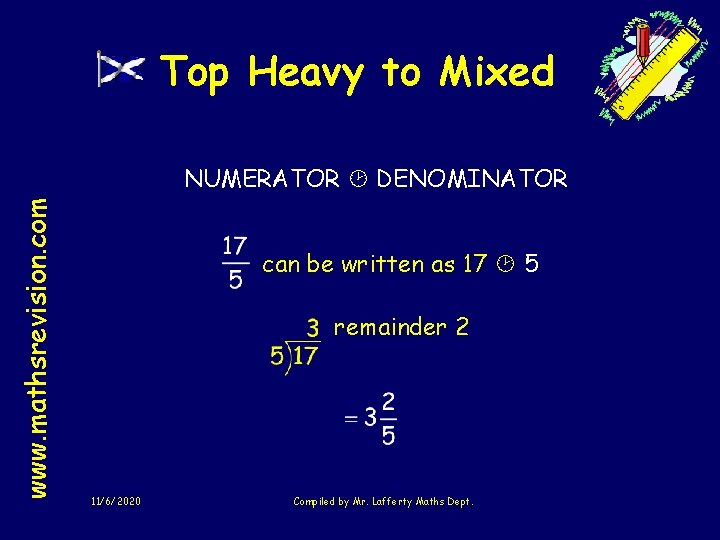 Top Heavy to Mixed www. mathsrevision. com NUMERATOR DENOMINATOR can be written as 17