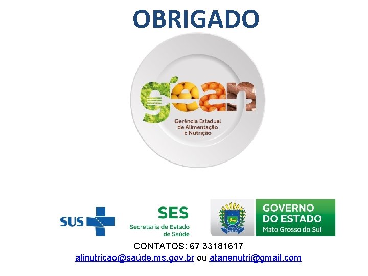 OBRIGADO CONTATOS: 67 33181617 alinutricao@saúde. ms. gov. br ou atanenutri@gmail. com 